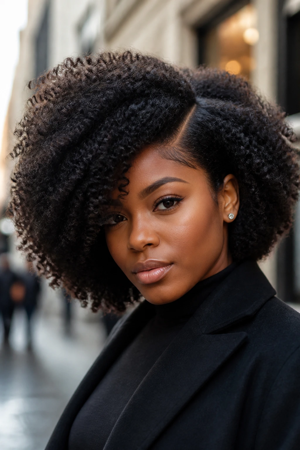 Close-up of a real person with a deep side-parted Afro and dramatic volume