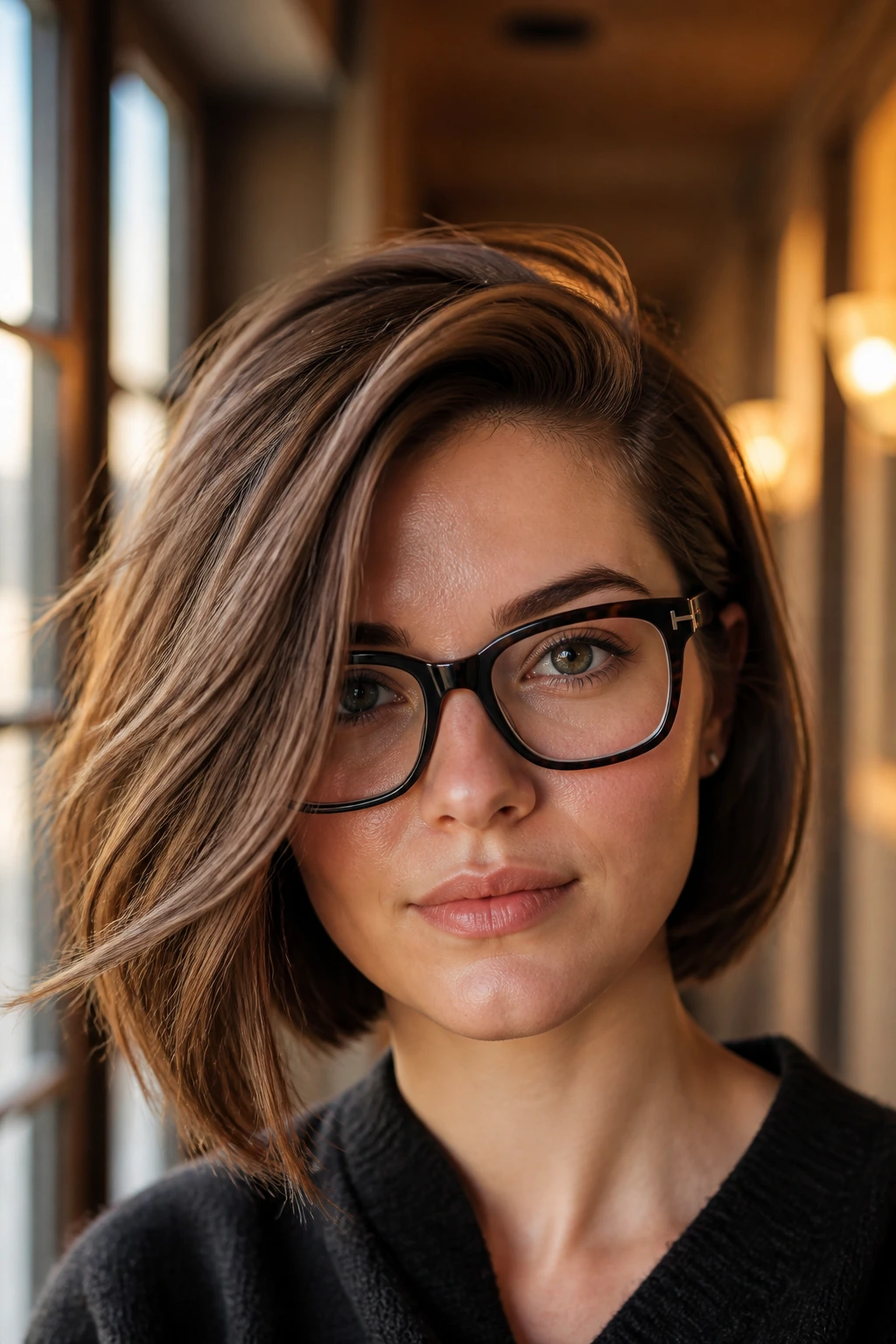 Portrait of a person with a deep side part creating asymmetry.