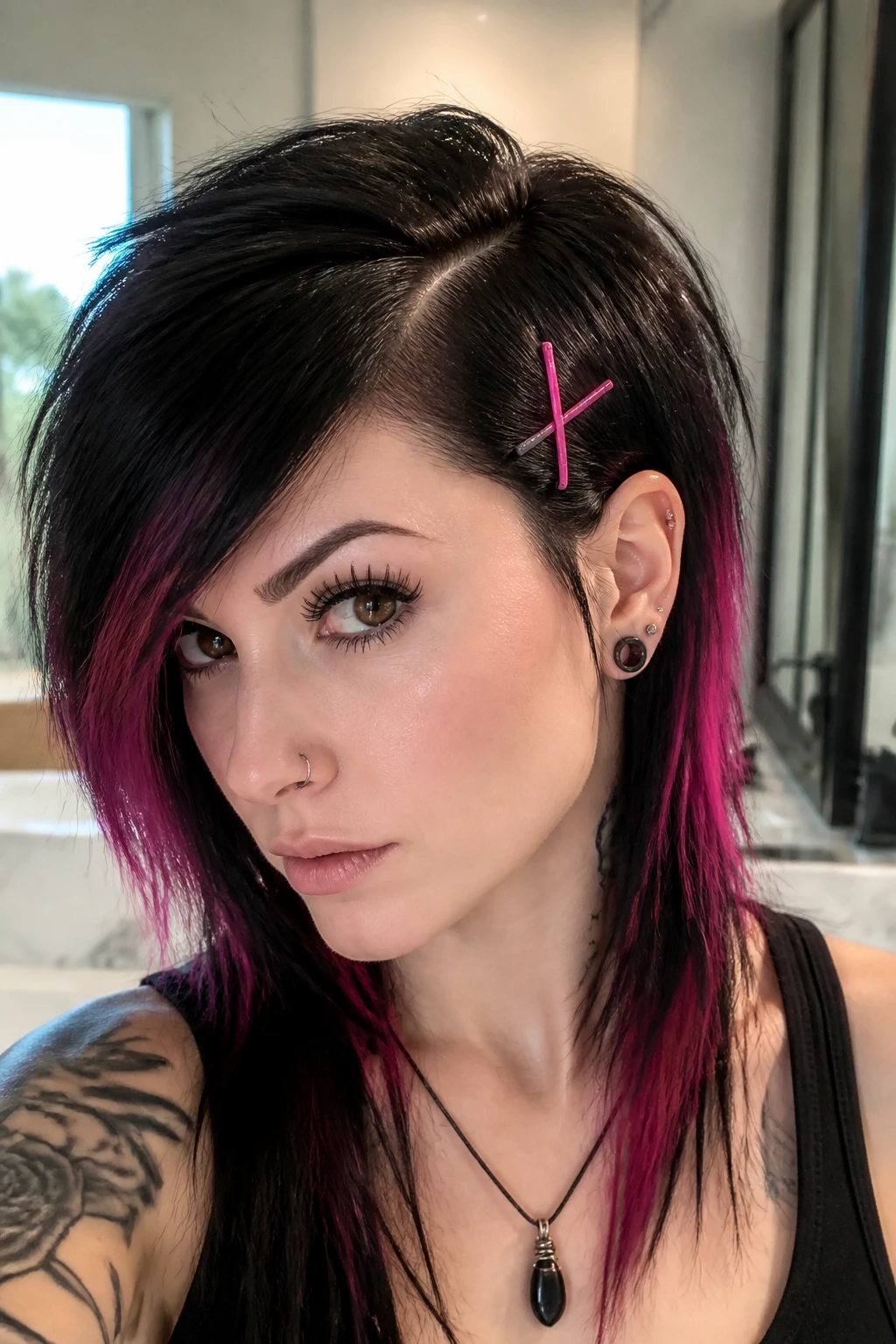 Close-up of a real person with deep side-part bangs and neon Bobby pins