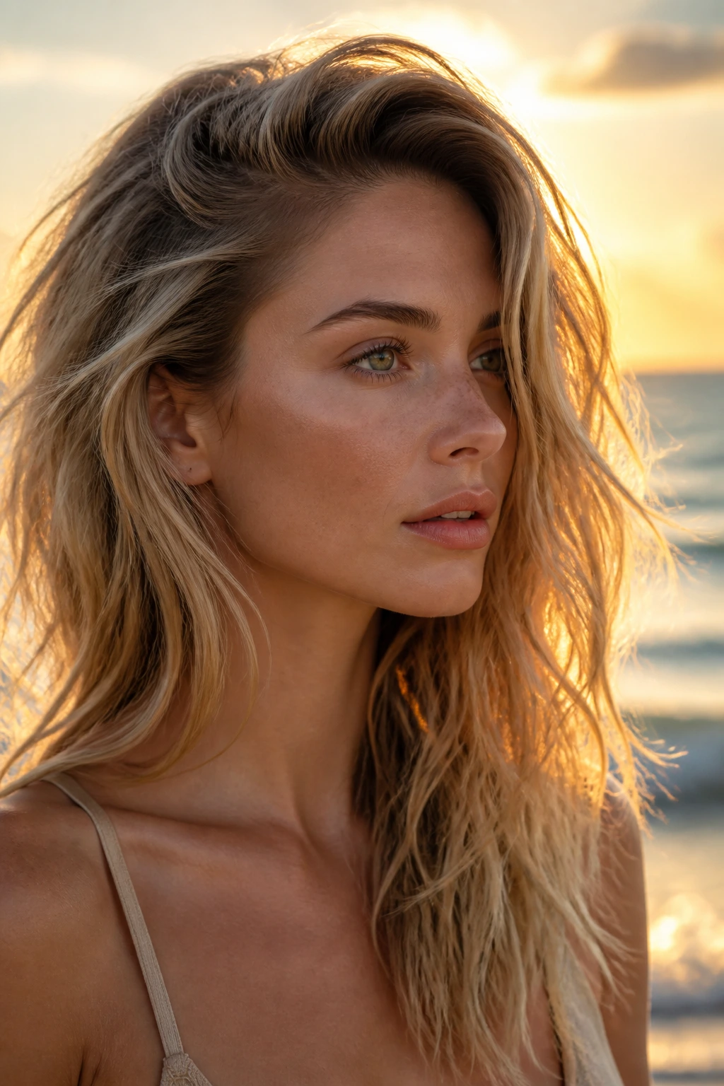 Close-up of real woman with deep side-part beach waves