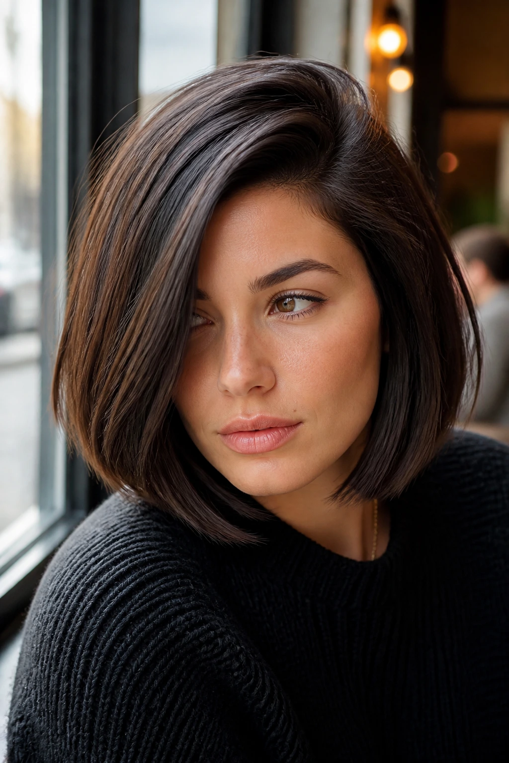 Close-up portrait of a real woman with a deep side part and blunt lob.
