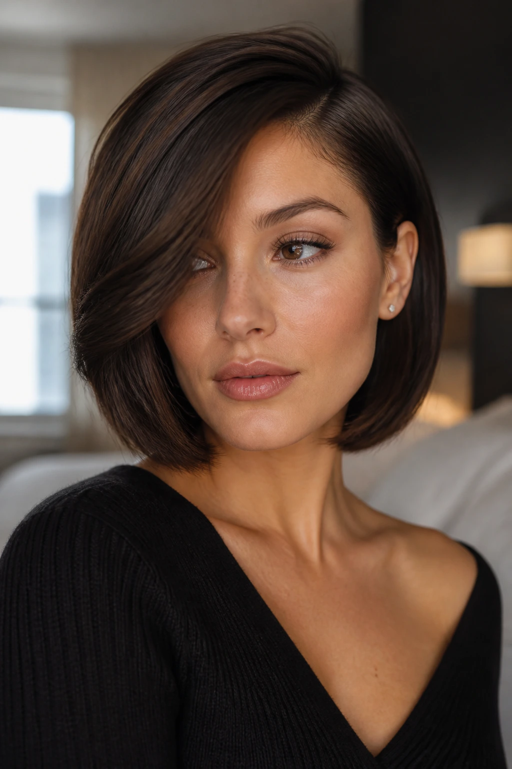 Close-up of a real woman with a deep side-part bob, hair sweeping across the forehead