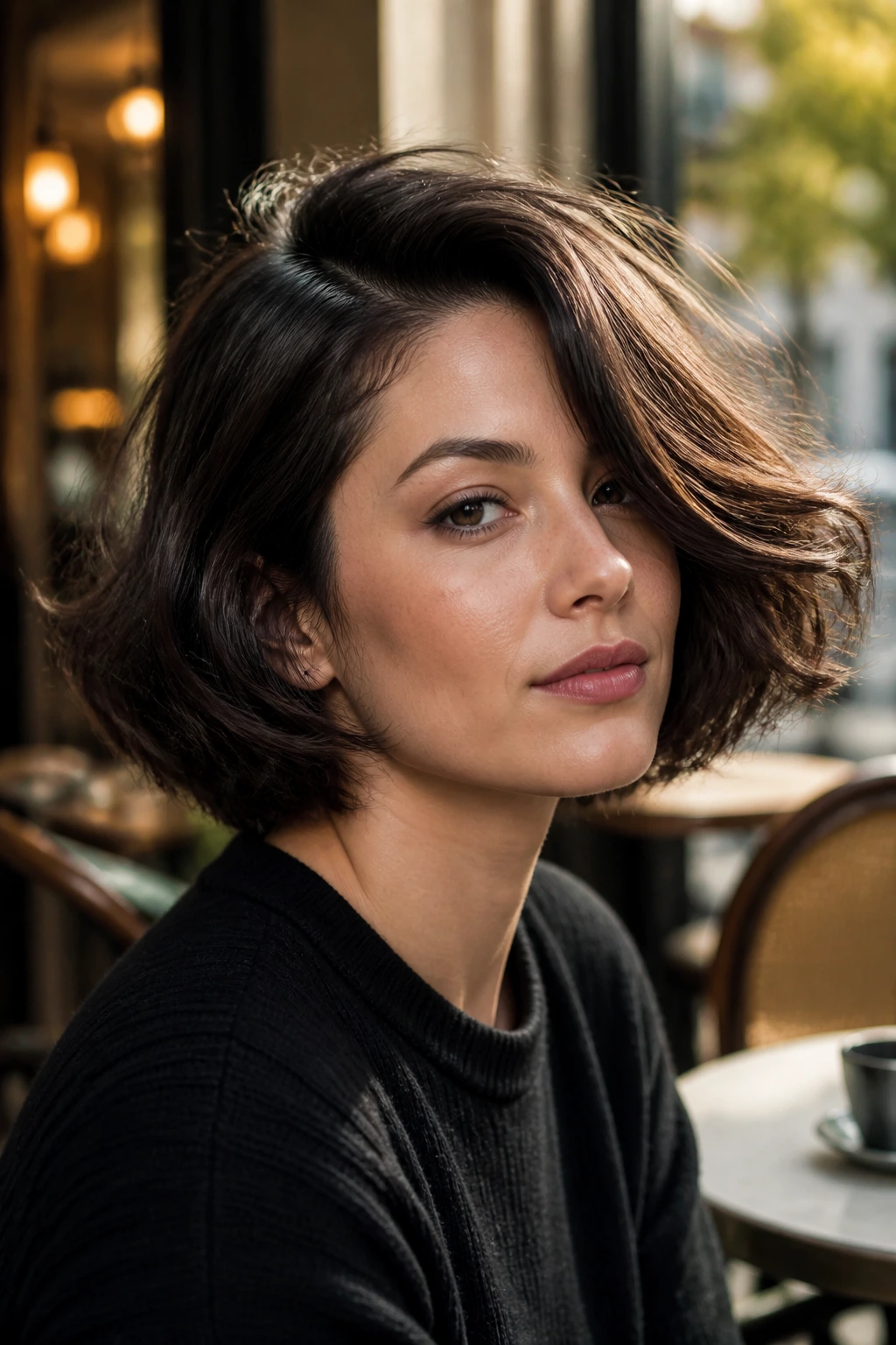 Close-up of a real woman with deep side-parted bob in warm cafe lighting
