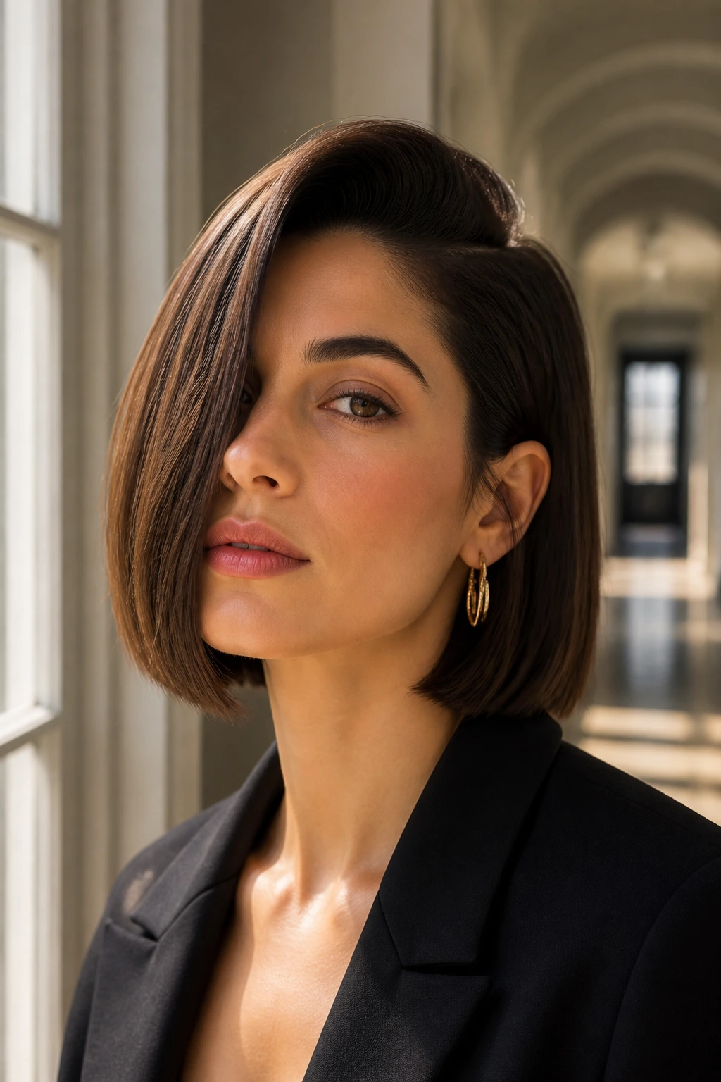 Close-up portrait of a real woman with a deep side-parted precision bob.