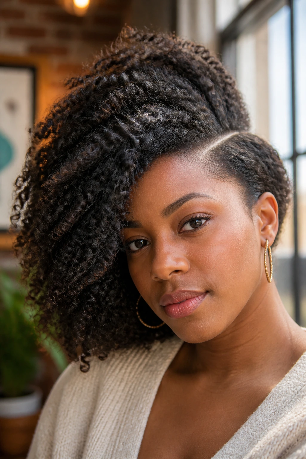 Close-up of a real woman with a deep side-parted sweep of hair