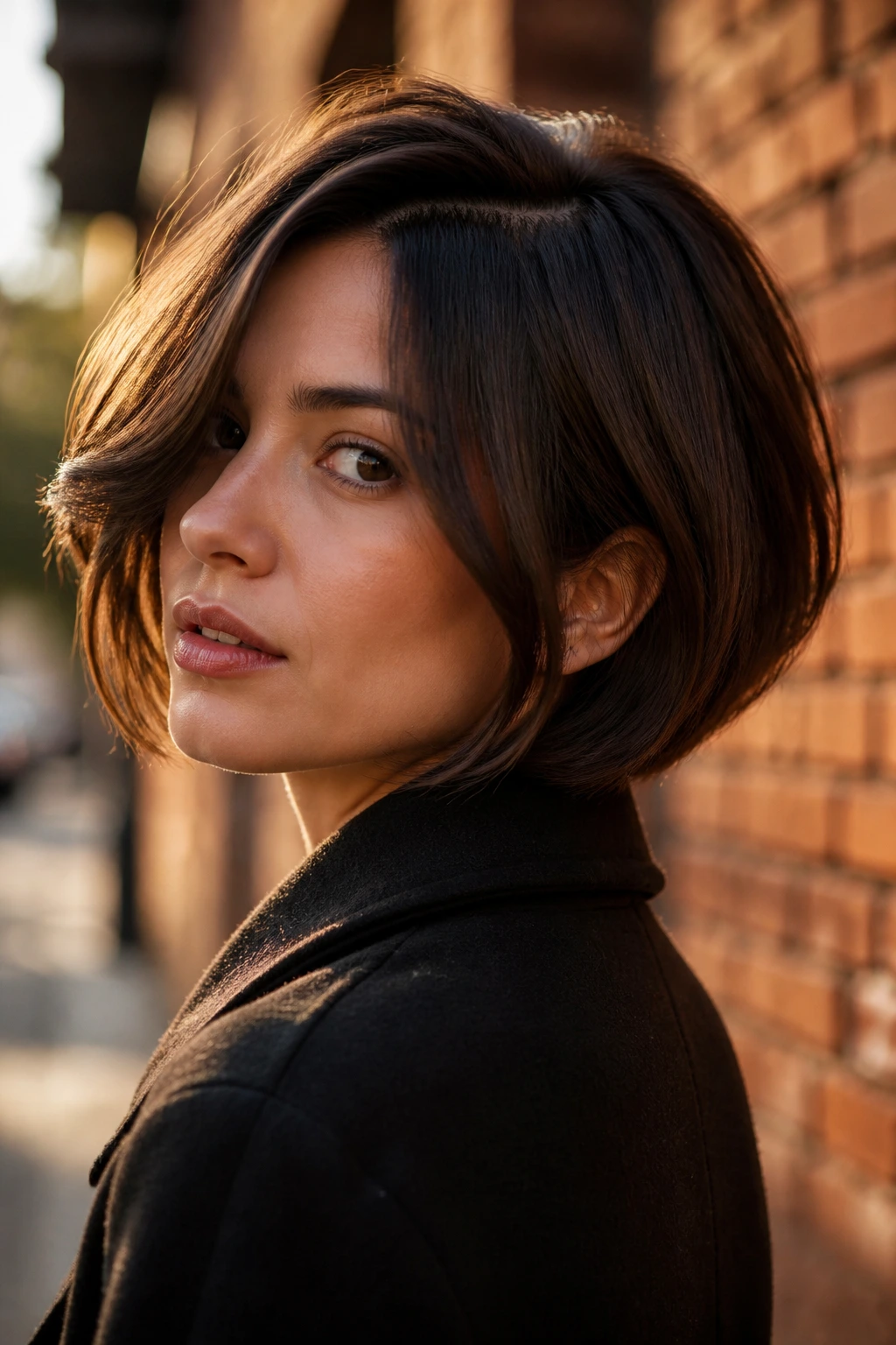 Portrait of a woman with a deep side-parted bob and long curtain bangs