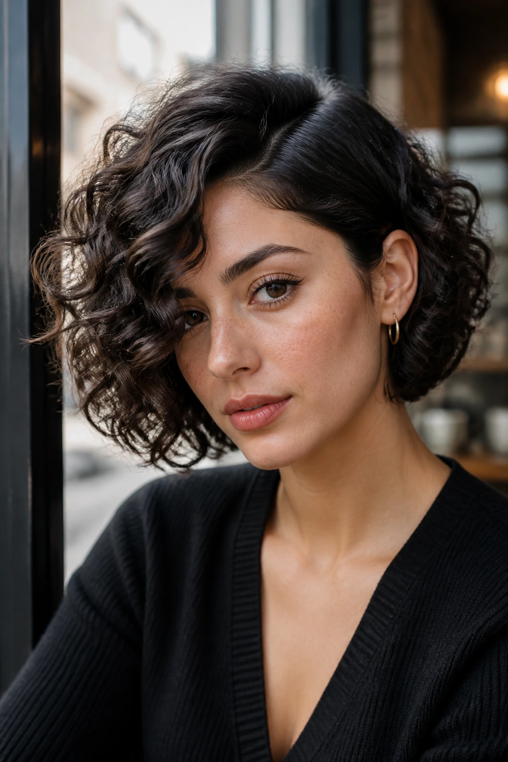 Close-up of a person with a deep-side-part curly bob.