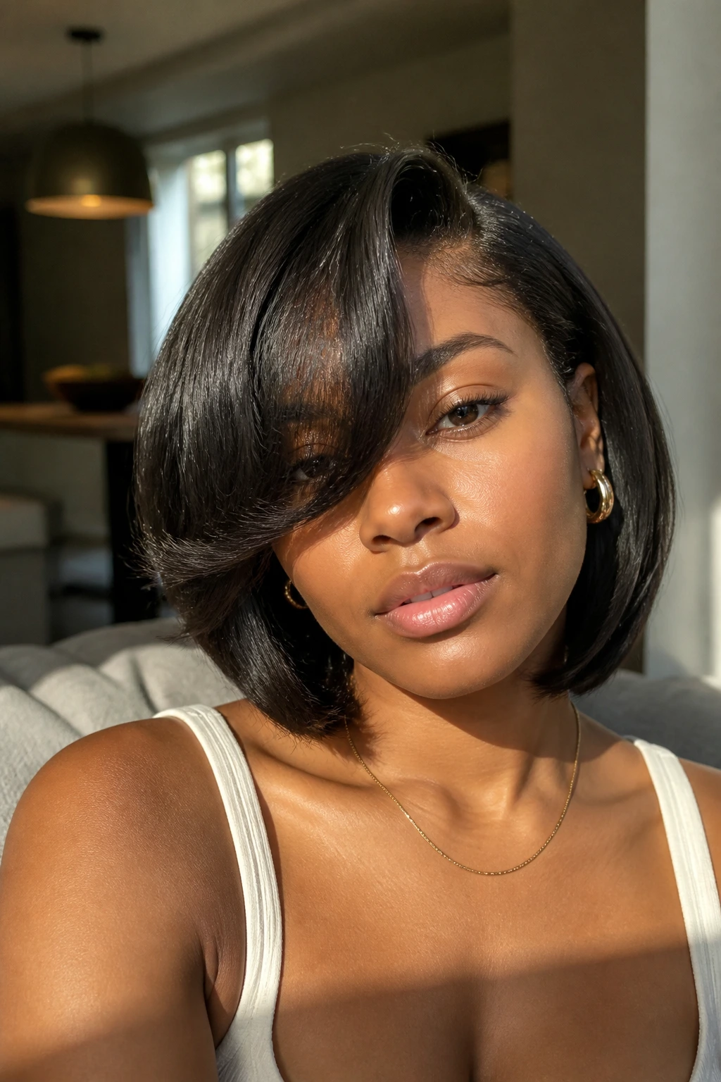Portrait of a woman with a deep side-part bob and curtain bangs in warm light