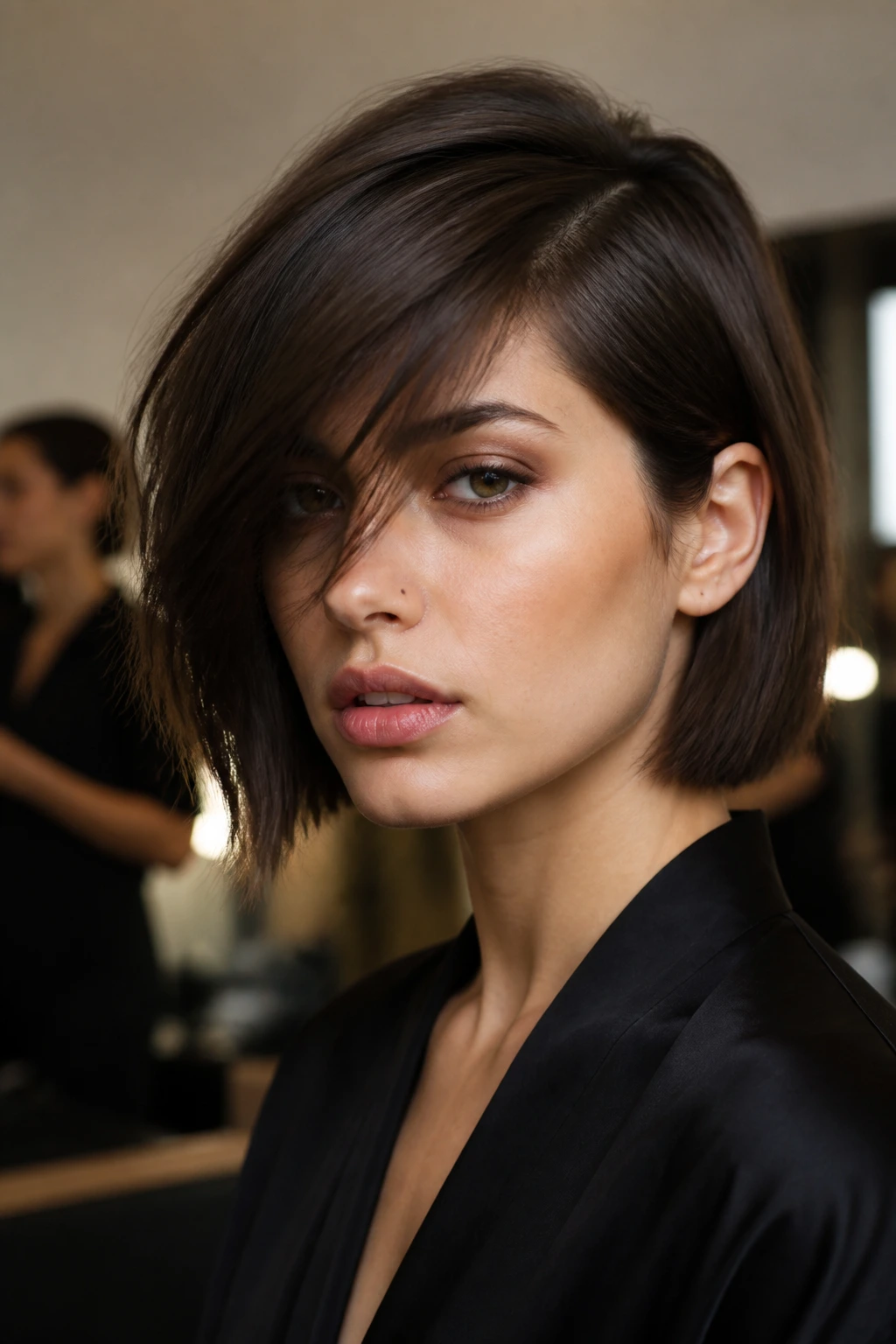Portrait of a woman with deep side-part and long fringe in fashion-studio lighting