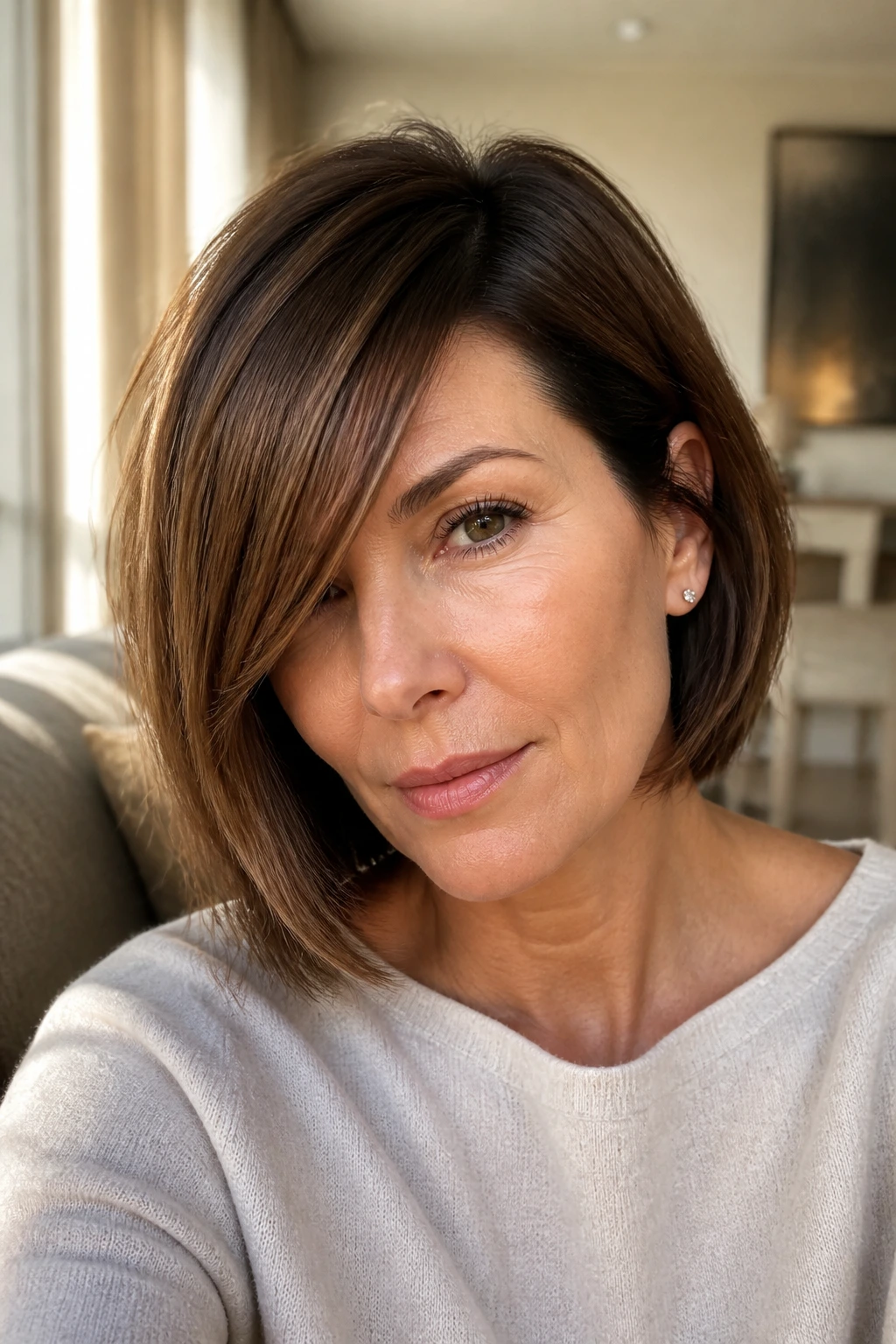 Close-up of a real woman with a deep side-part bob and long fringe in soft daylight