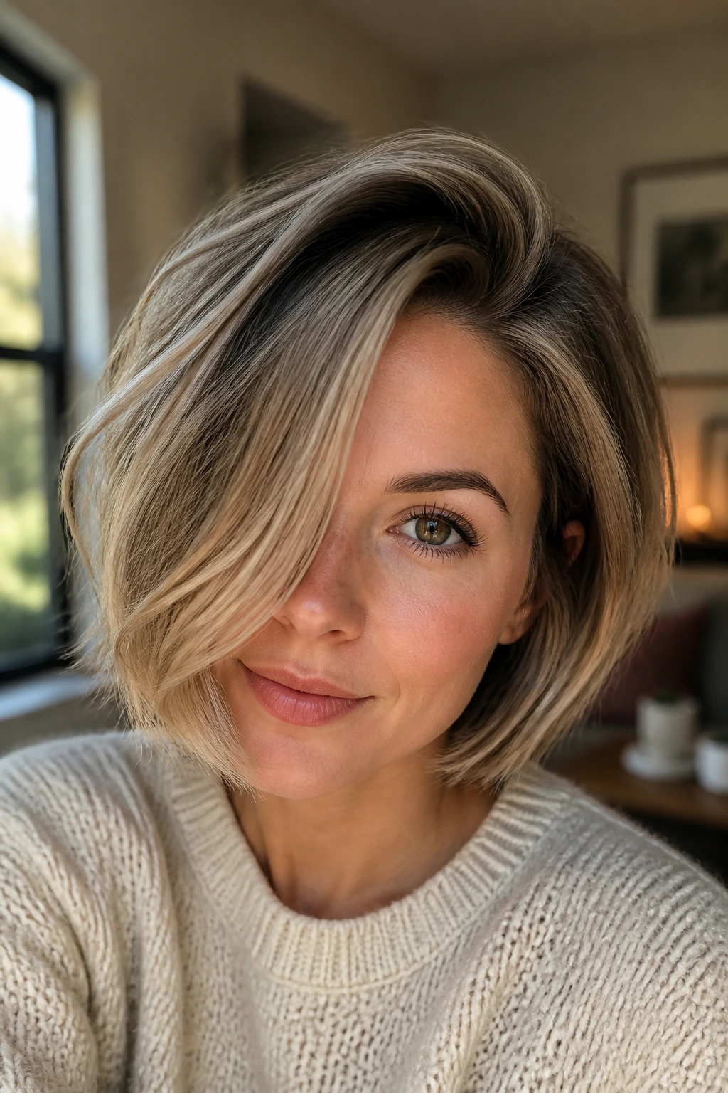 Close-up portrait of a real woman with a deep side-part bob and voluminous crown.
