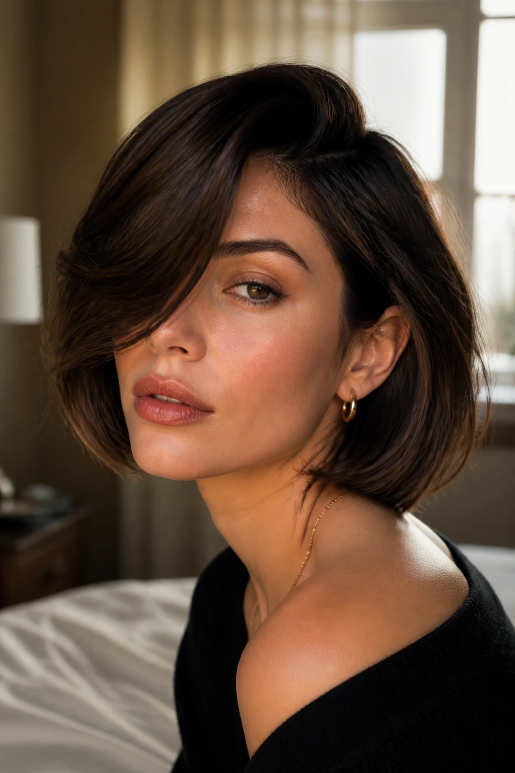 Close-up of a real woman with a deep side-part bob and dramatic forehead sweep