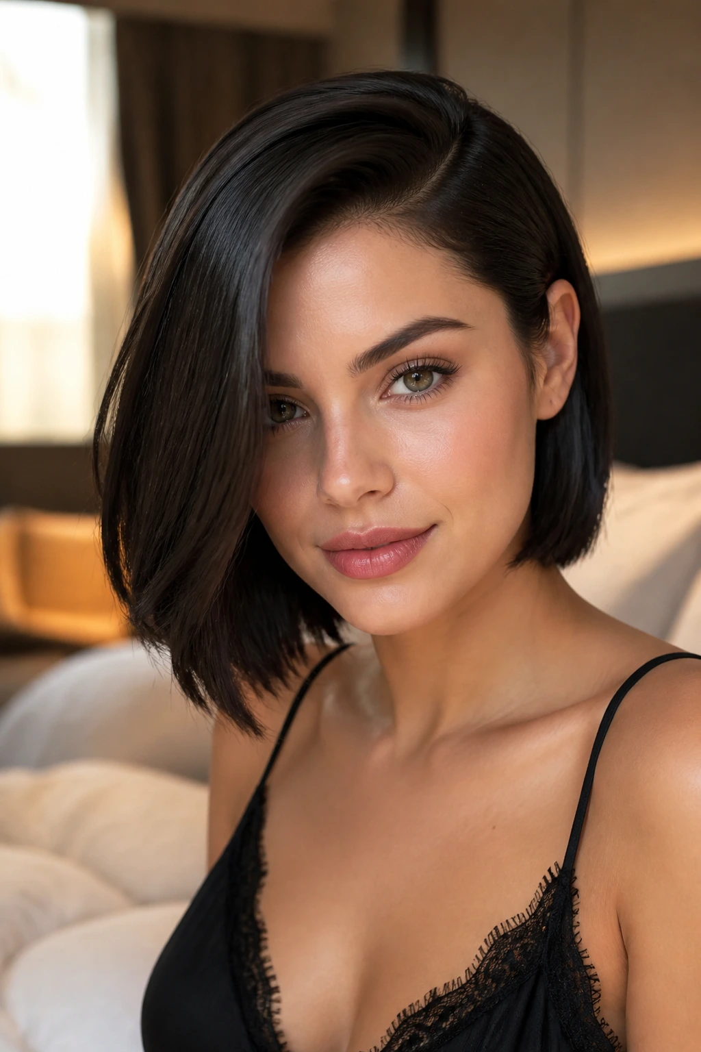 Close-up portrait of a woman with a deep side-part bob and hair swept to one side.