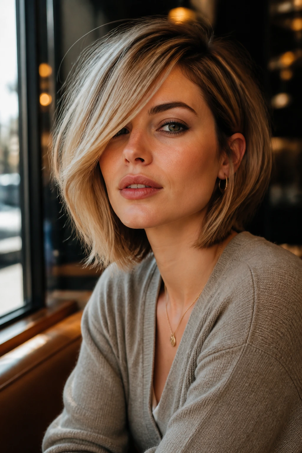 Close-up portrait of a real woman with a deep side-parted bob in a cafe window seat.