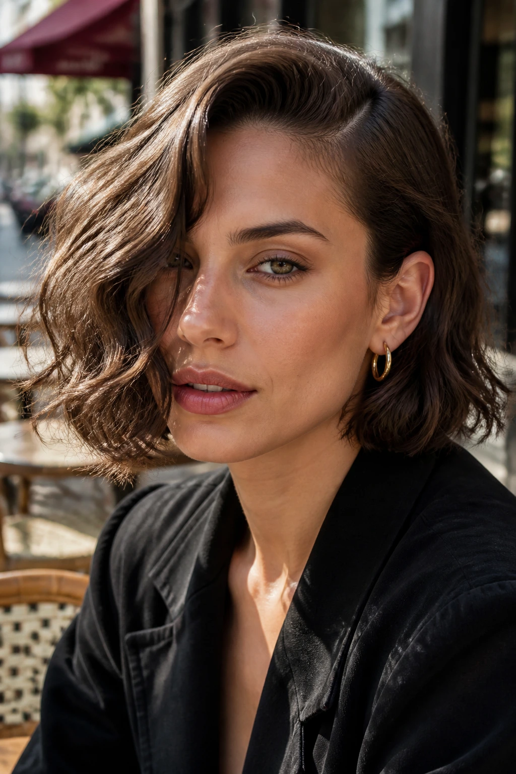 Close-up portrait of a real woman with a deep side-part wavy bob at an outdoor cafe.