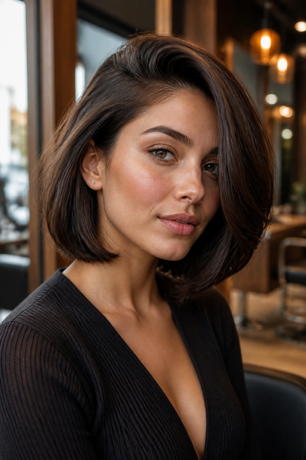 Close-up of a woman with a deep side-parted bob in a chic salon
