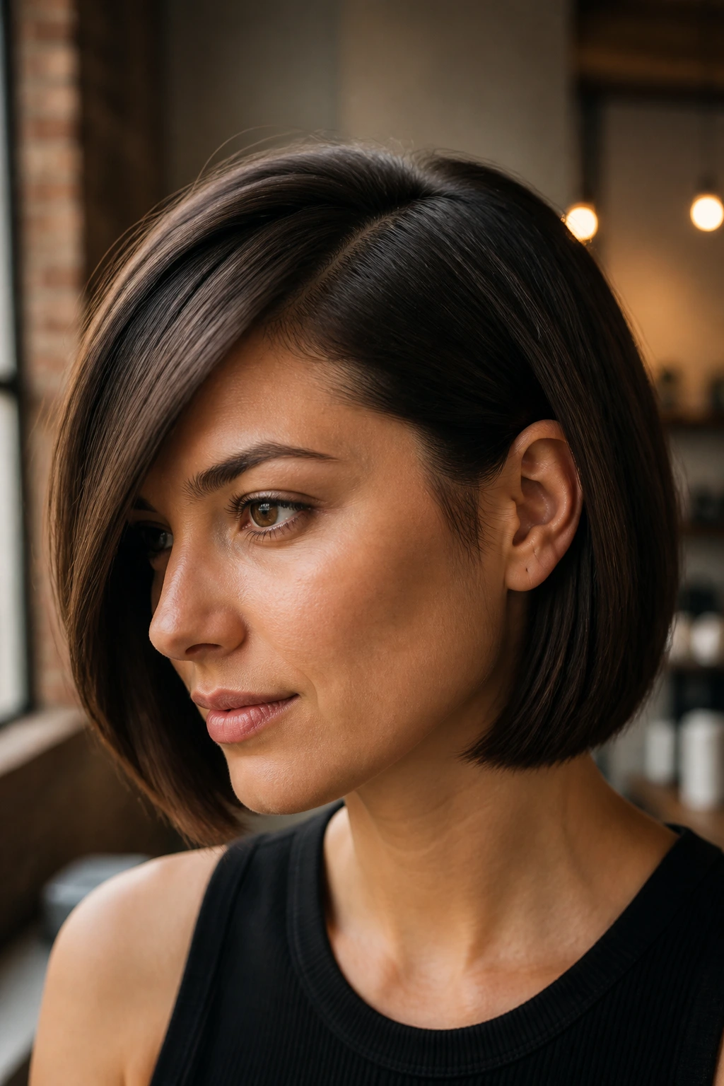 Real woman with deep side-parted sleek bob, hair swept over face.
