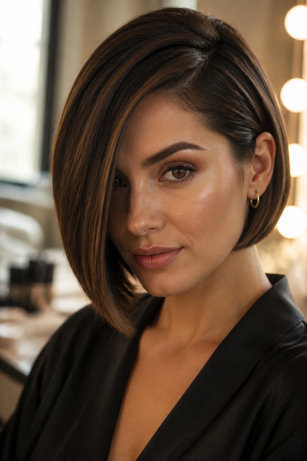 Close-up of a woman with a deep side-part bob under warm window light.