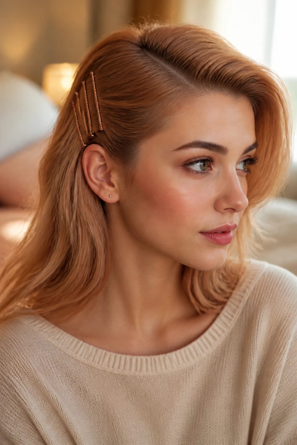 Close-up of a real person with a deep side part and metallic bobby pins in peach nude hair