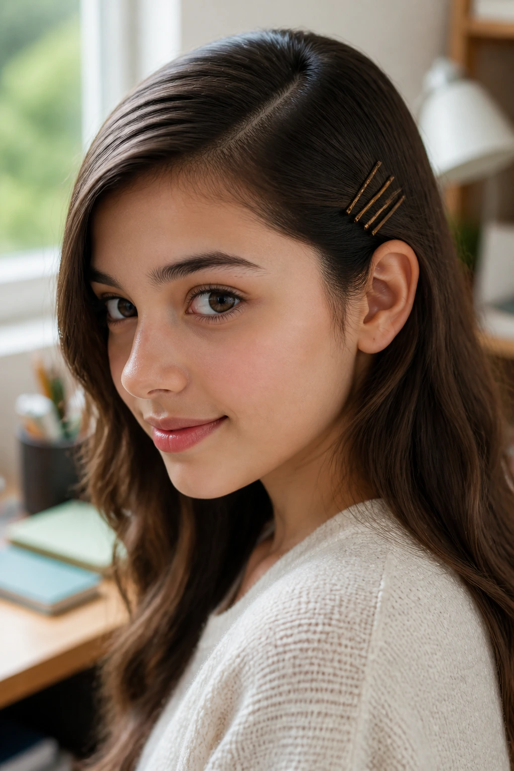 Close-up of a real person with a deep side-part sweep and three fan pins behind the ear