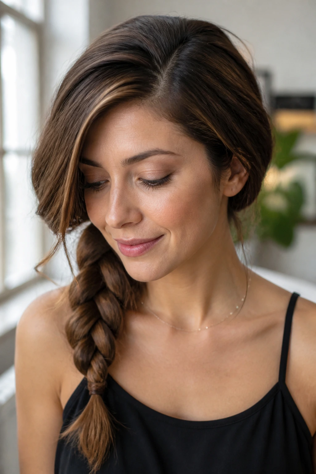 Close-up of a real woman with a deep side part and side braid