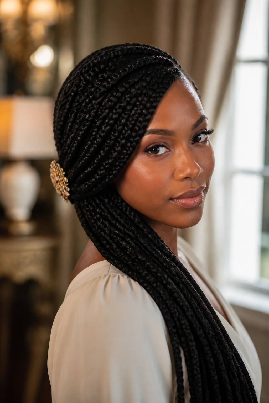 Close-up of a real woman with a deep side-part sweep of braids over the shoulder