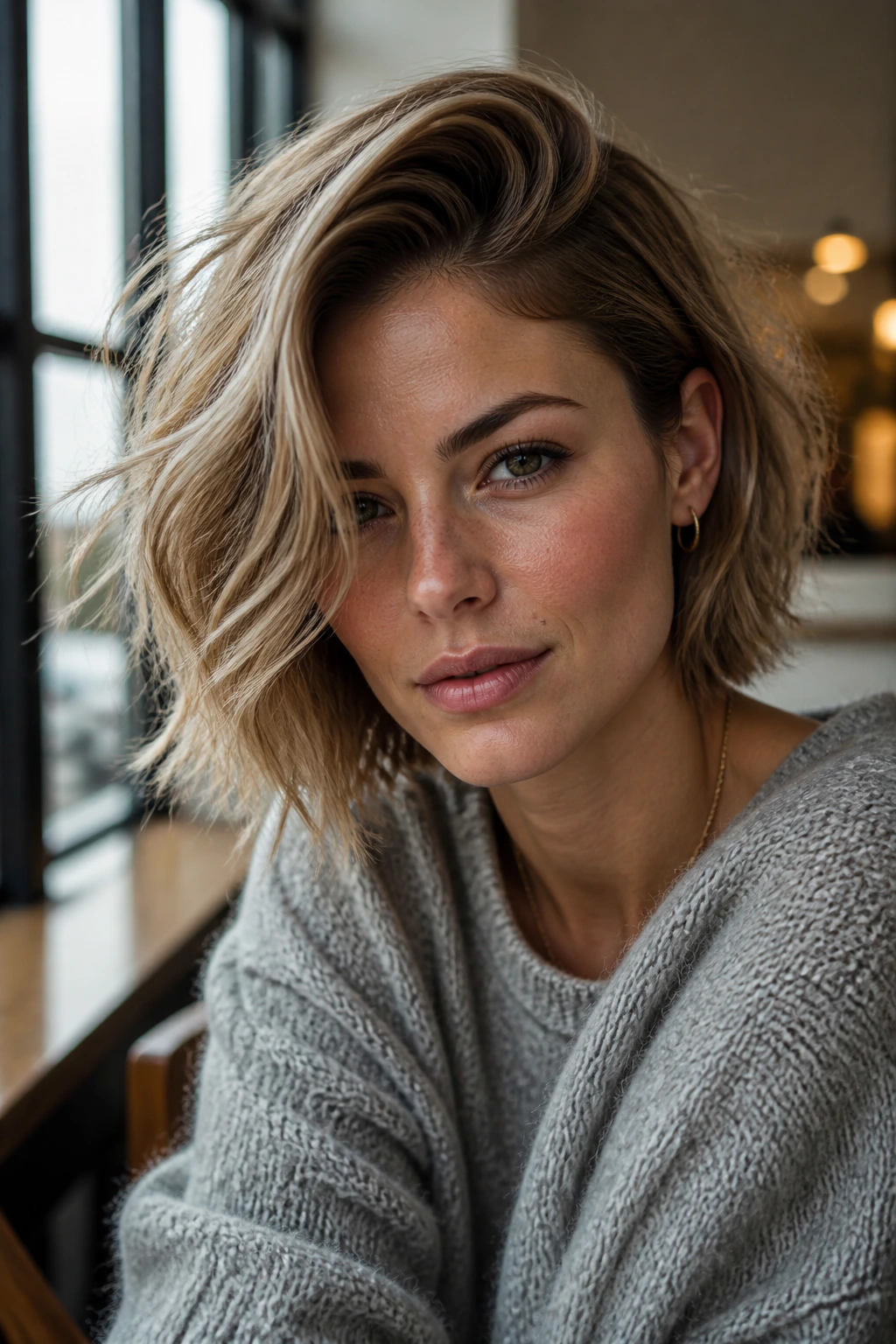 Close-up portrait of a real woman with a deep side part and choppy textured layers