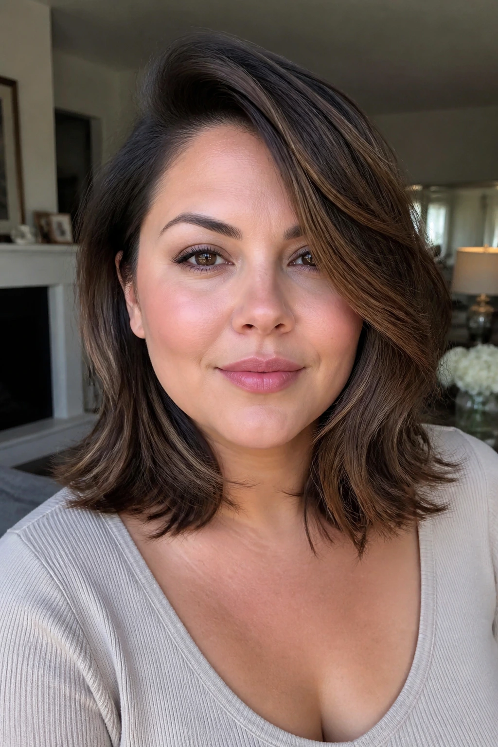 Close-up portrait of a real woman with a deep side part and collarbone-length layered waves