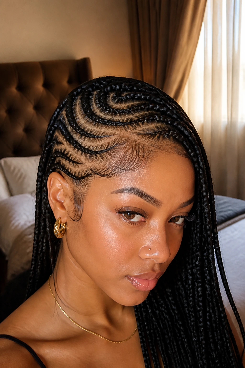 Close-up portrait of a real woman with a deep side part and cascading cornrows for a date-night look, natural window light.