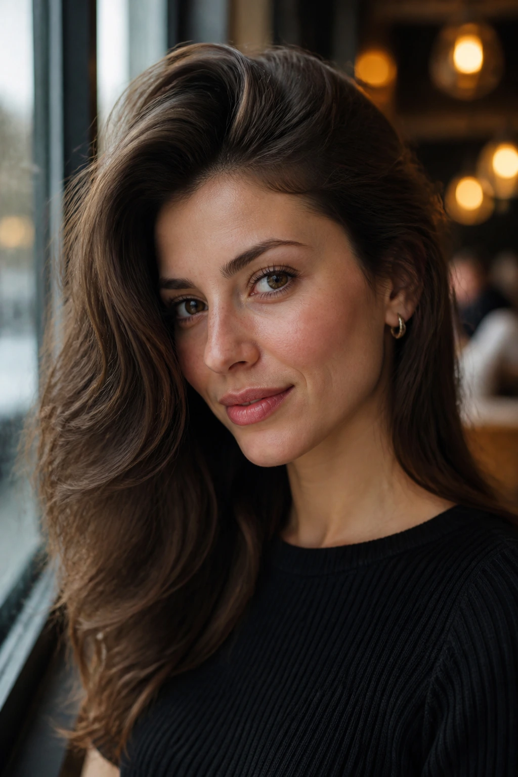Close-up of a real woman with deep side-part and crown volume
