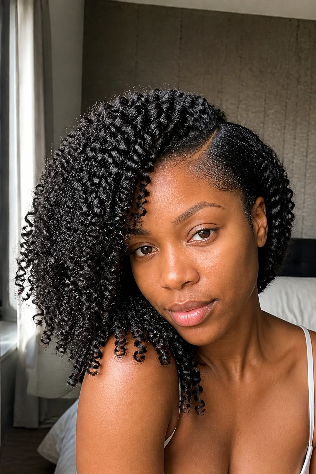 Close-up of a real Black woman with a deep diagonal side part and defined 4C coils cascading over one shoulder.