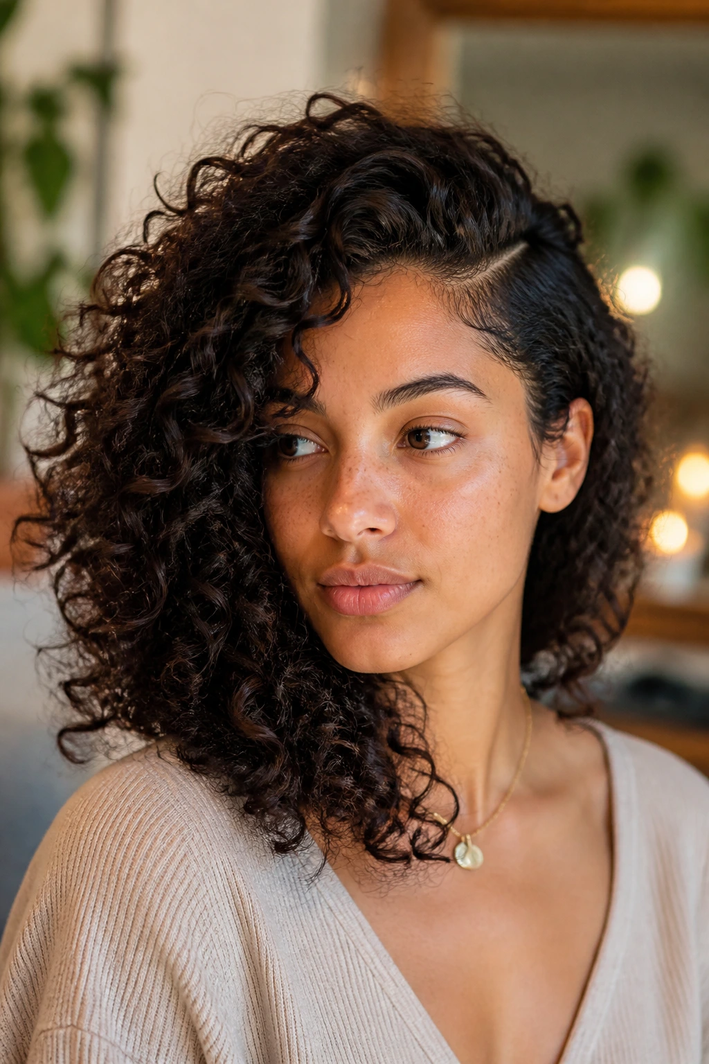 Close-up of a real person with a deep side part and voluminous curls