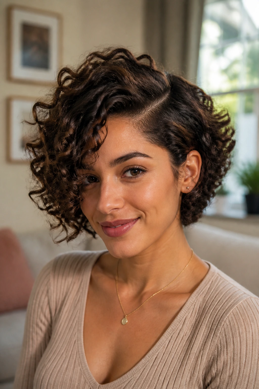 Close-up of a real woman with a deep side part and voluminous curls.