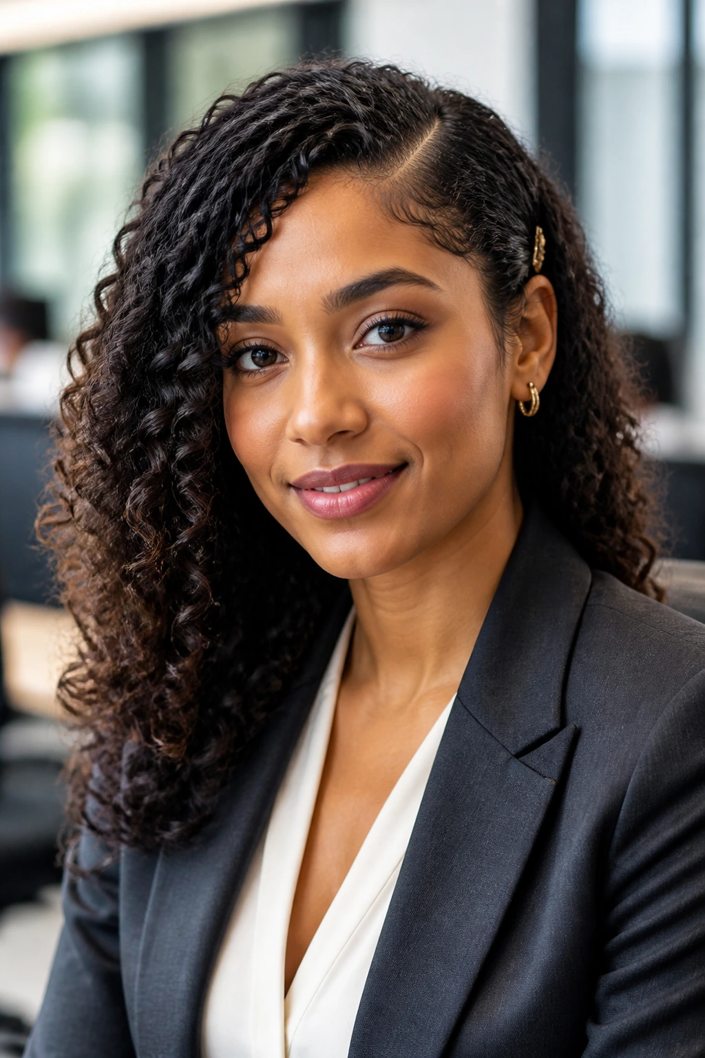 Portrait of a person with a deep side part and defined coils in an office setting.