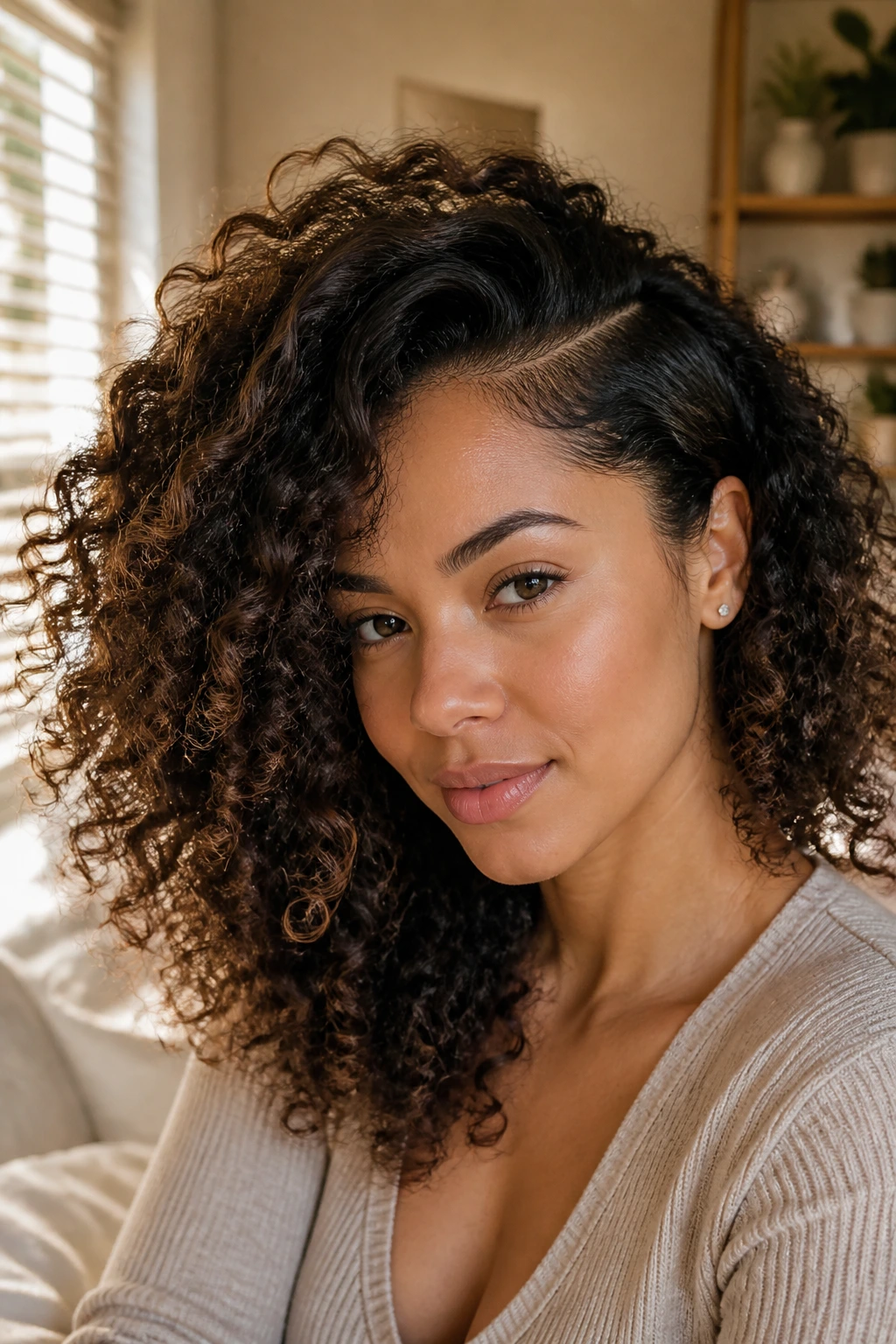Close-up of a real woman with a deep side part hairstyle and curly hair framing the face.