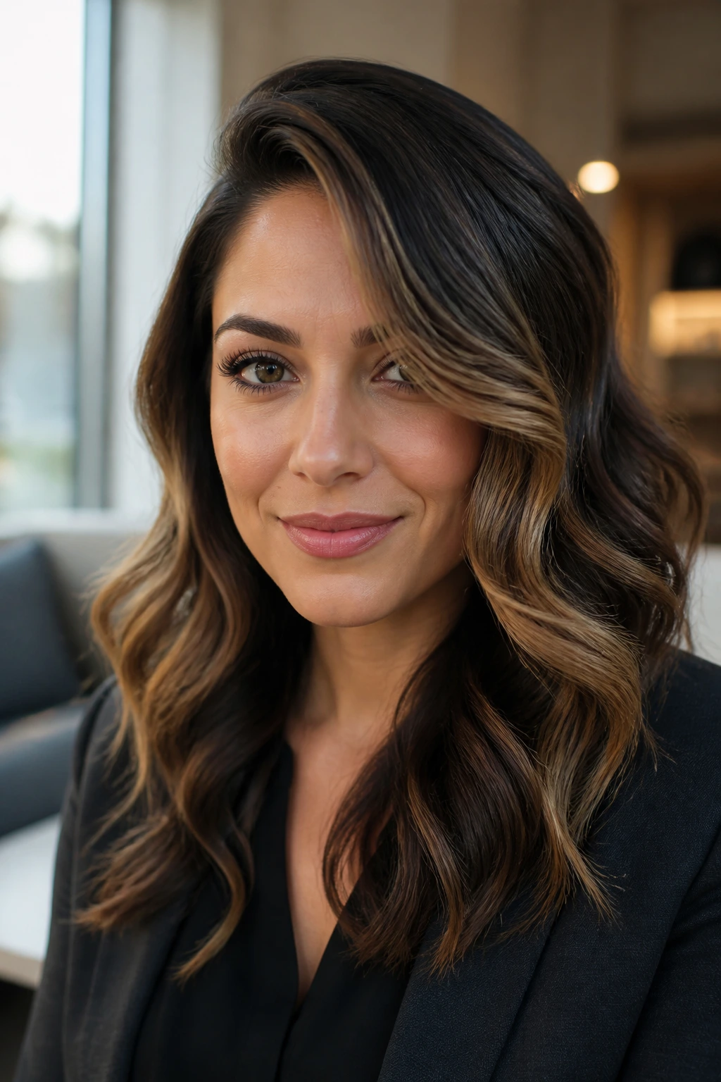 Close-up of a real woman with a deep side part and face-framing curls.