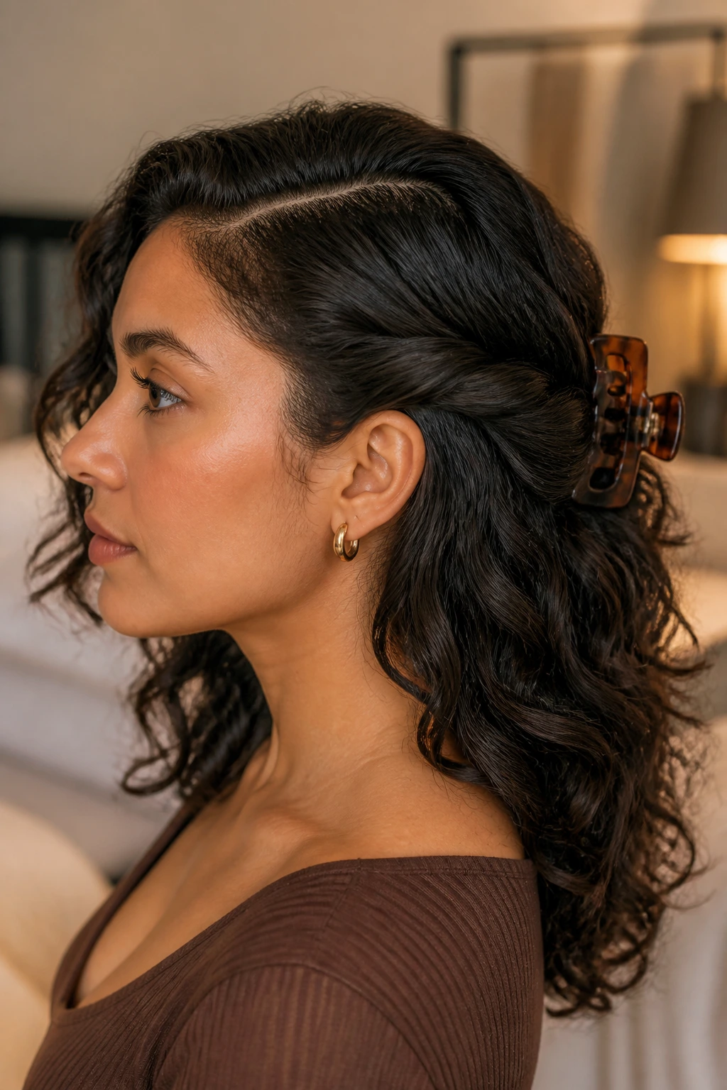 Profile portrait of a real woman with a deep side part and claw clip.