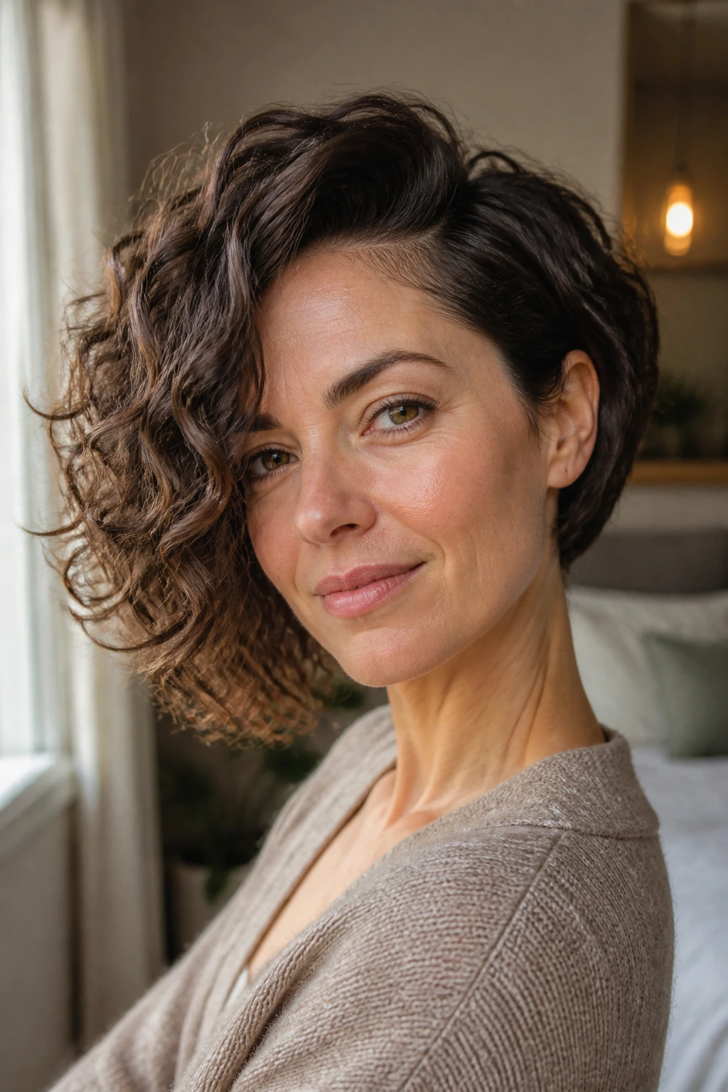 Close-up portrait of a real woman with a deep side-part stack and lifted crown curls