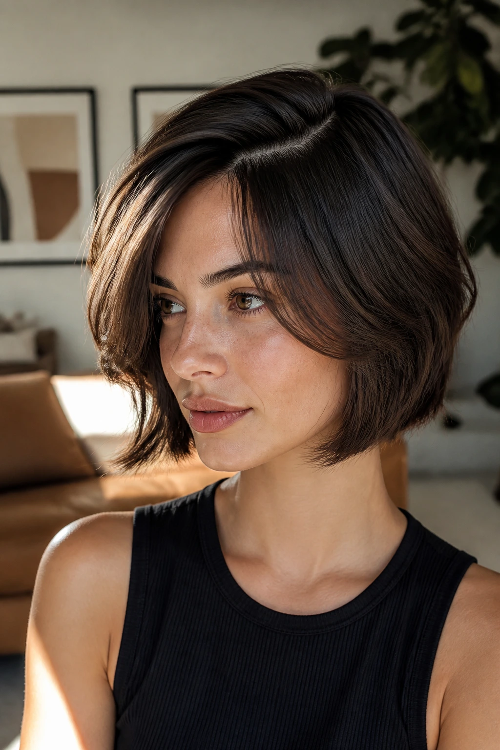 Close-up of a real woman with a deep side-part curtain bangs