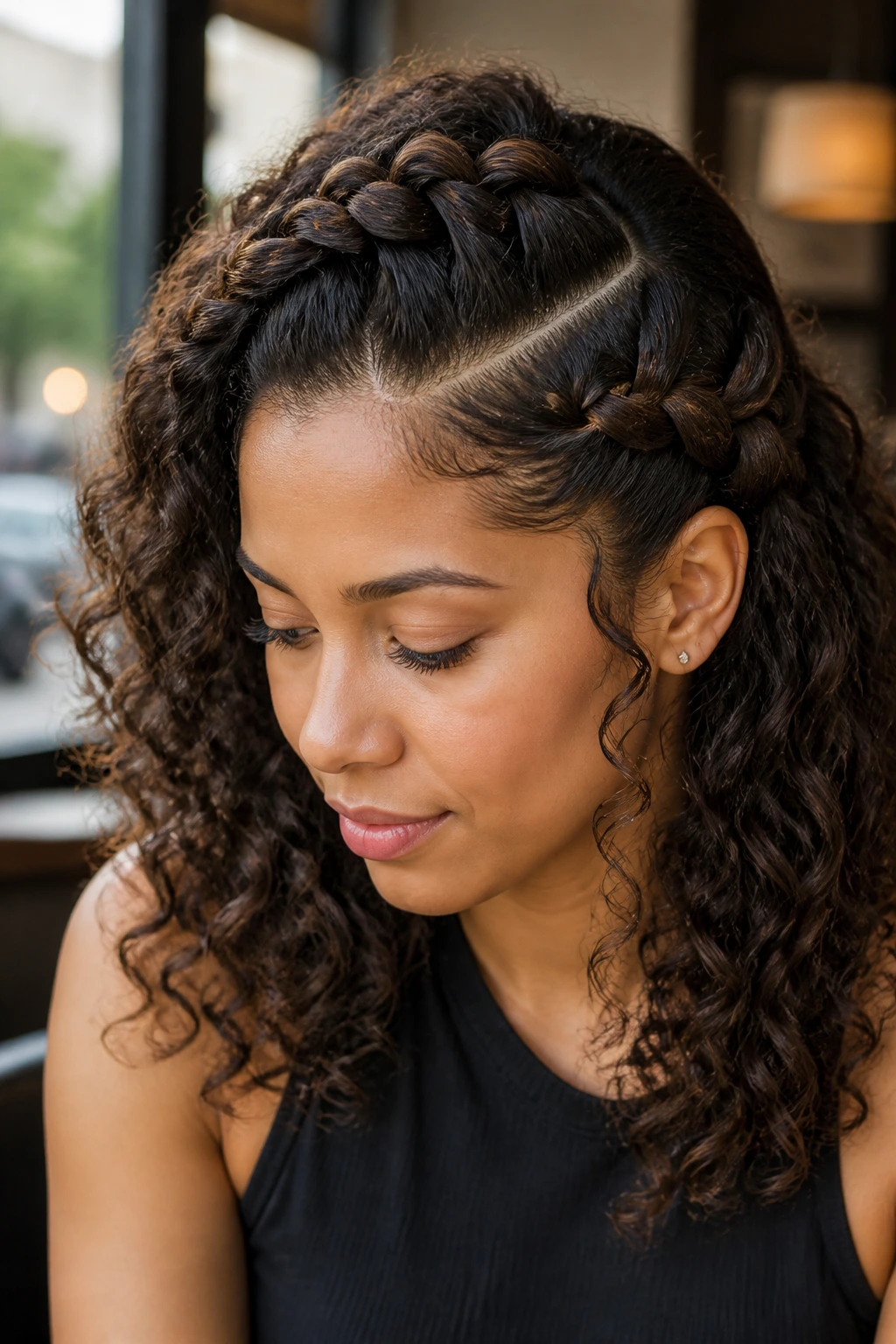 Close-up of a real person with a deep side-part Dutch braid