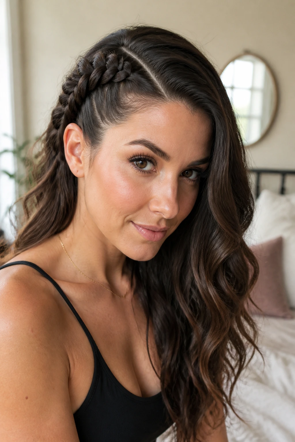 Close-up of a real woman with a deep side-part Dutch braid and flowing hair