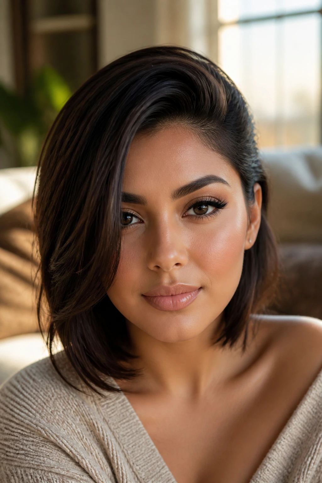 Close-up portrait of a woman with a deep side-part sweeping across her face