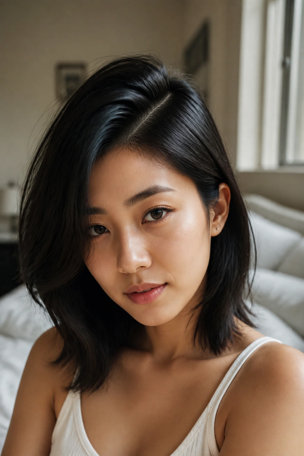 Close-up portrait of a woman with a deep side part and crown volume in soft bedroom light