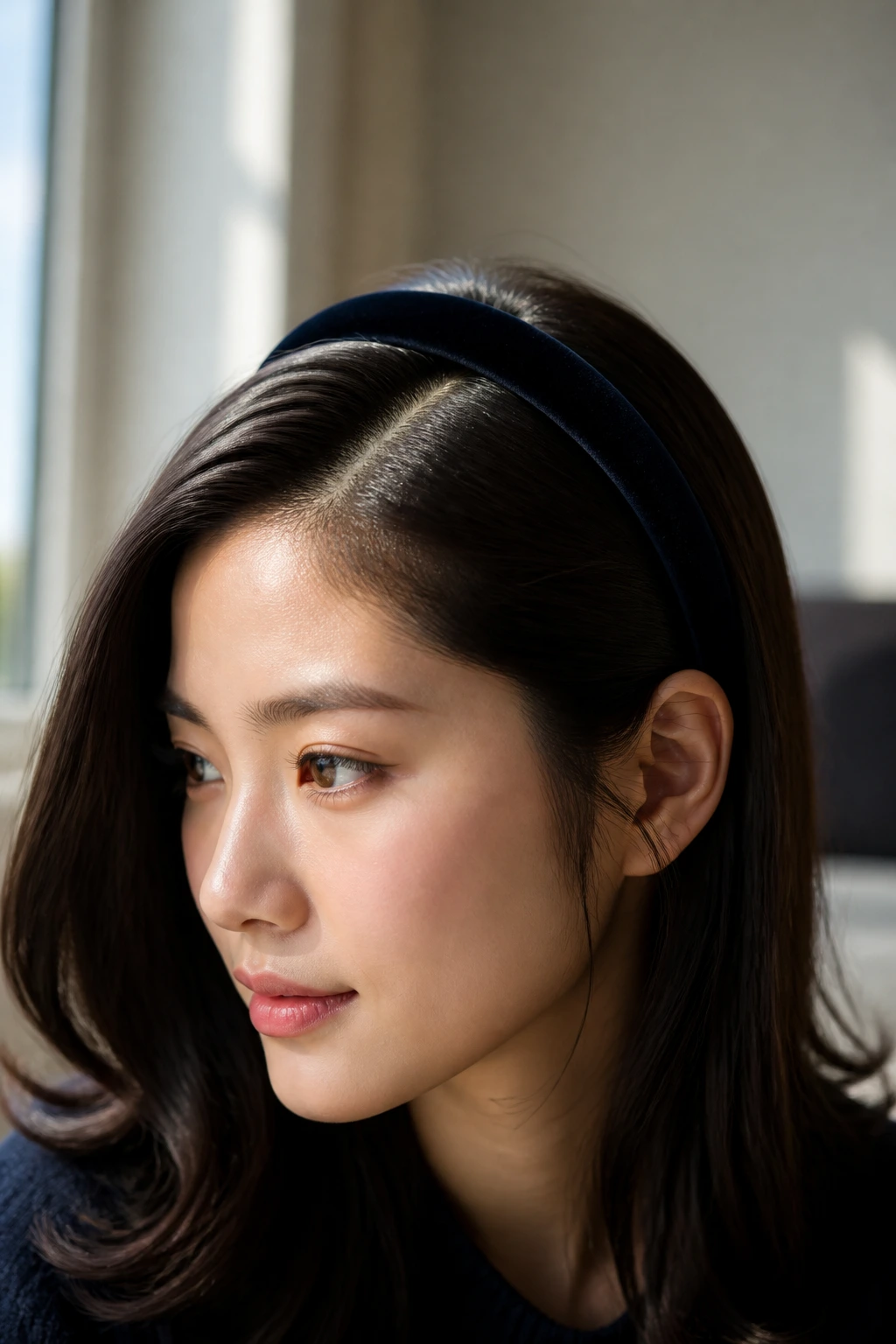 Portrait of person with deep side part and velvet headband