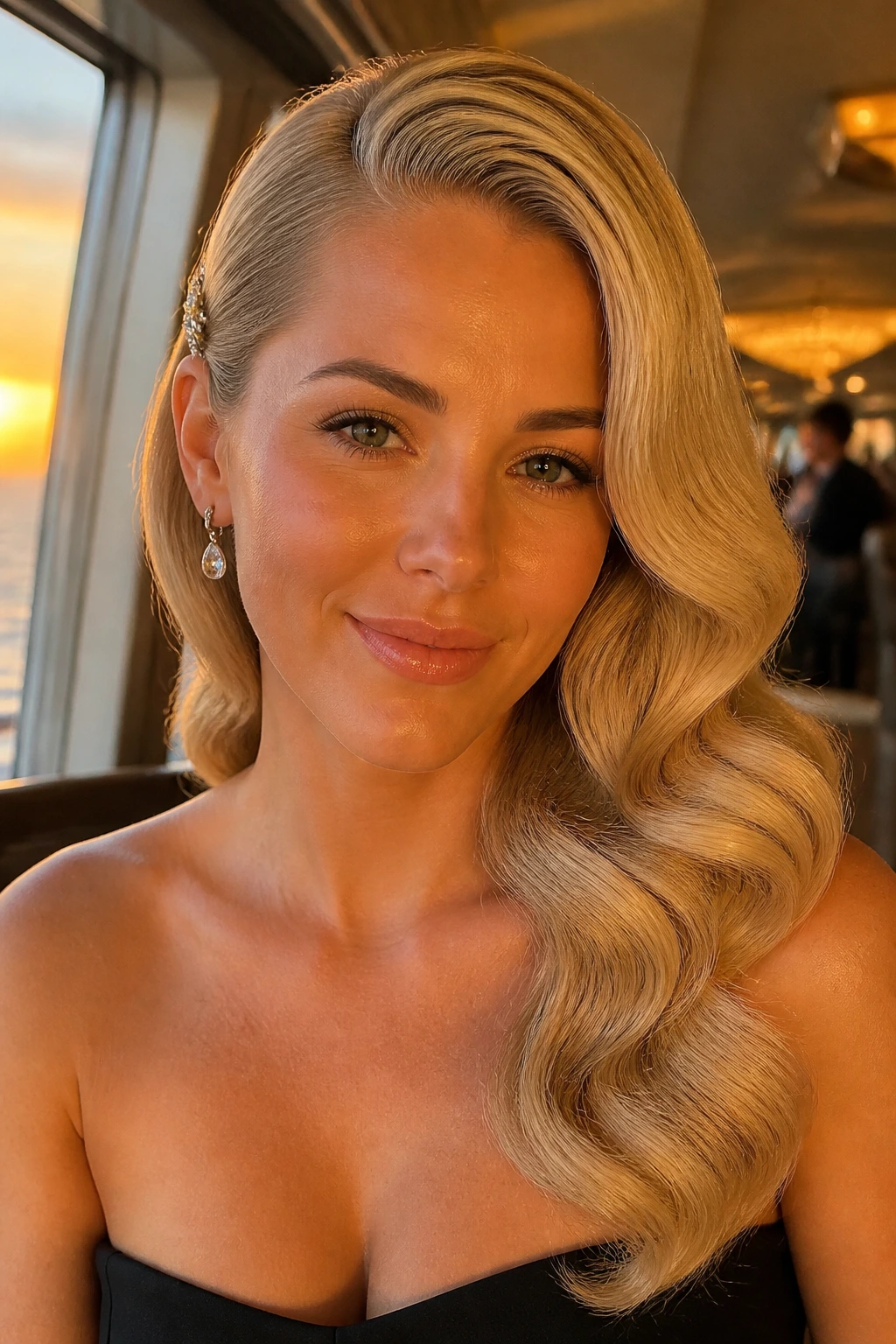 Close-up of a woman with deep side part and Hollywood waves on a cruise ship at sunset