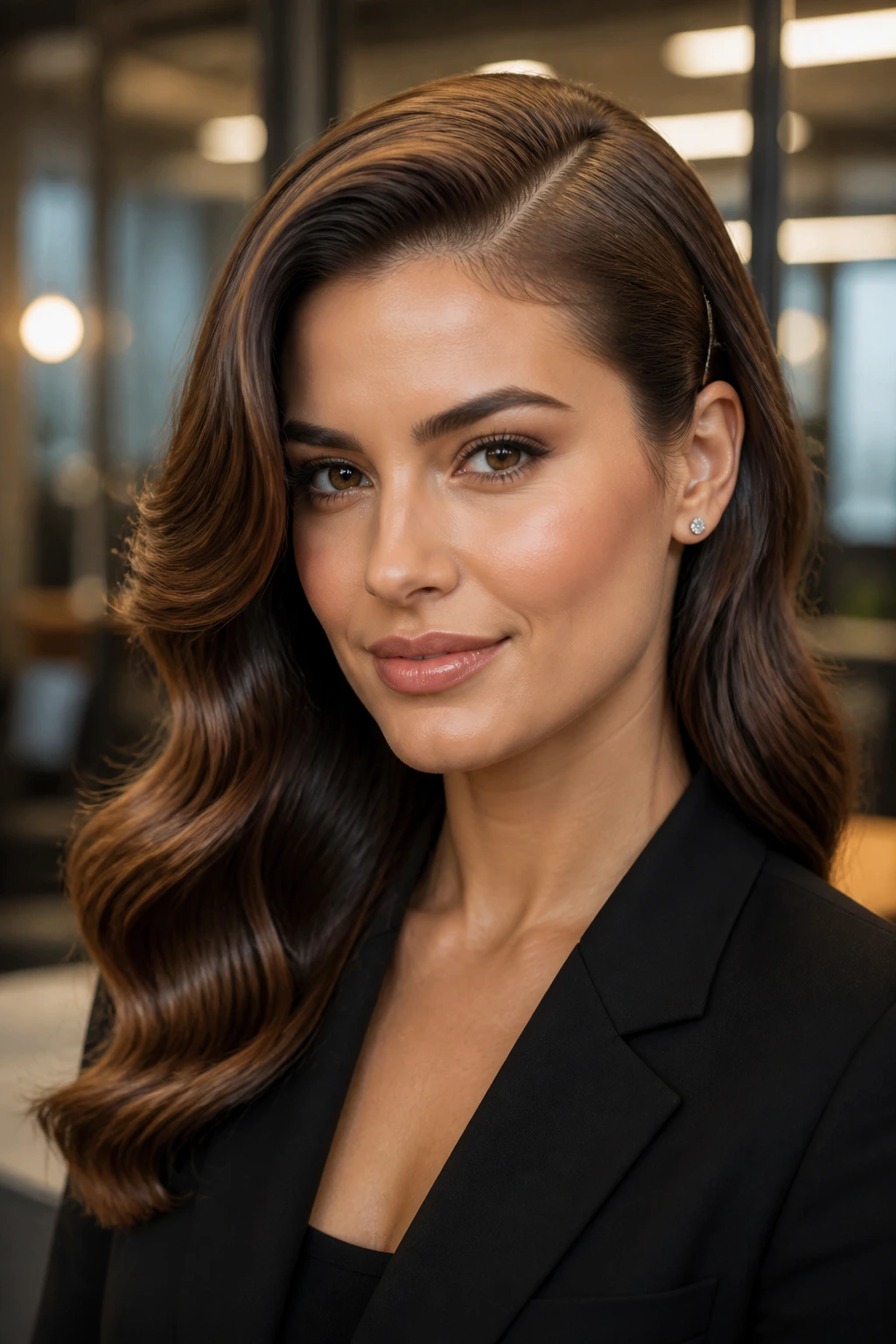 Close-up of a real person with a deep side part and Hollywood waves in a corporate office setting.