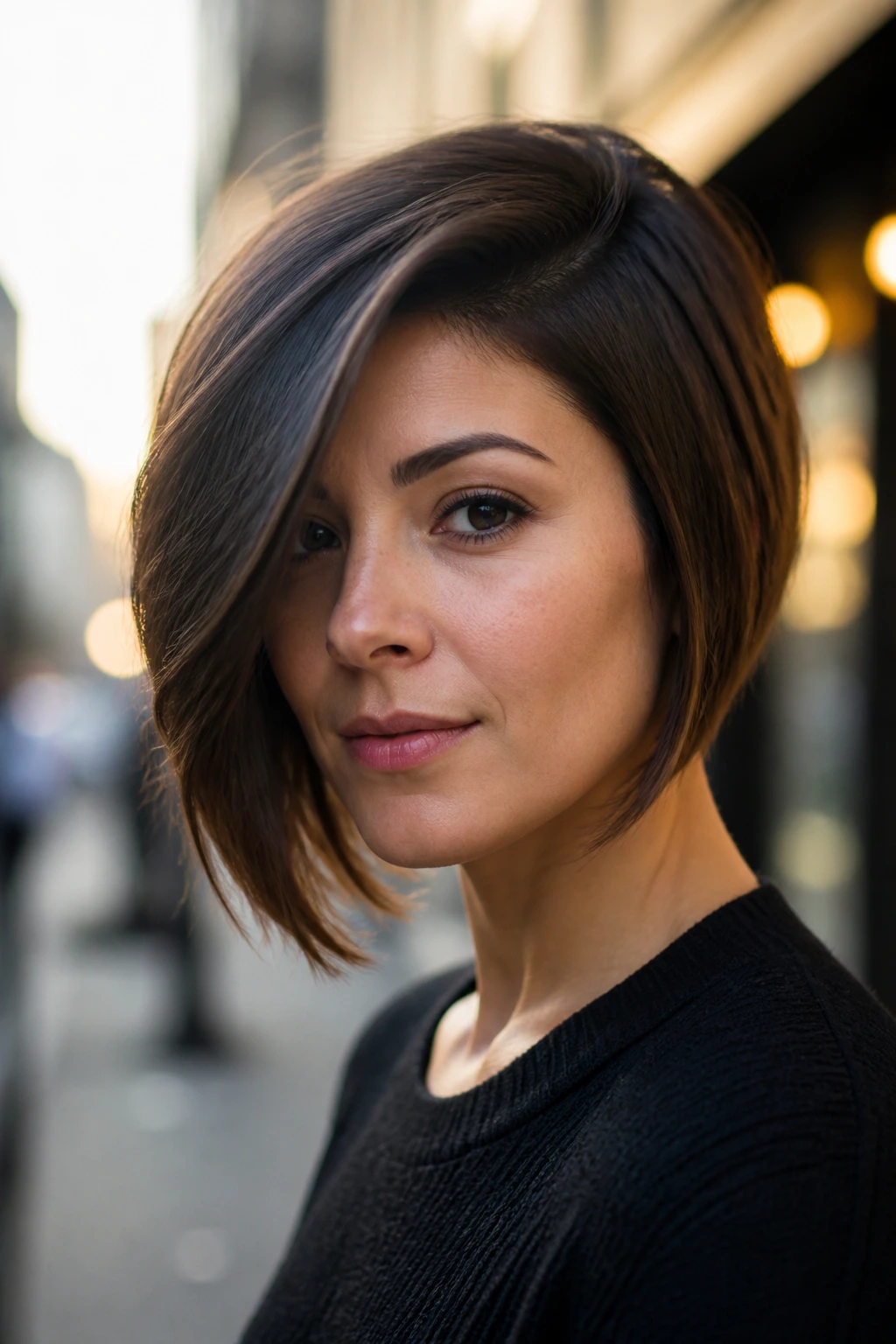 Close-up of a real woman with a deep side-parted inverted bob on an urban street