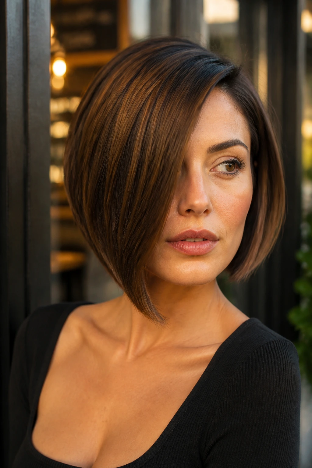 Close-up portrait of a real woman with a deep side-parted inverted bob