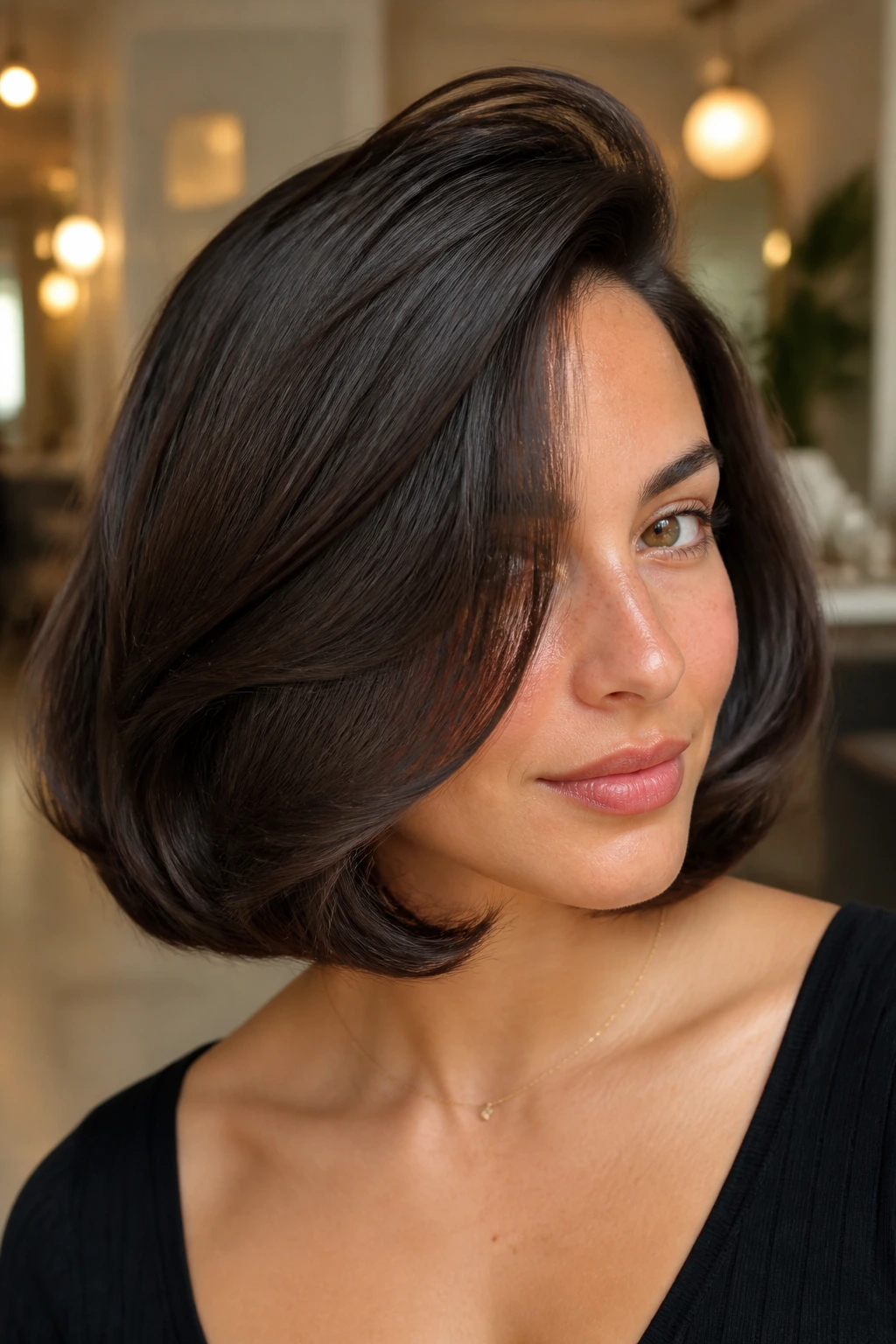 Close-up portrait of a real woman with deep side-part and inward-curled ends