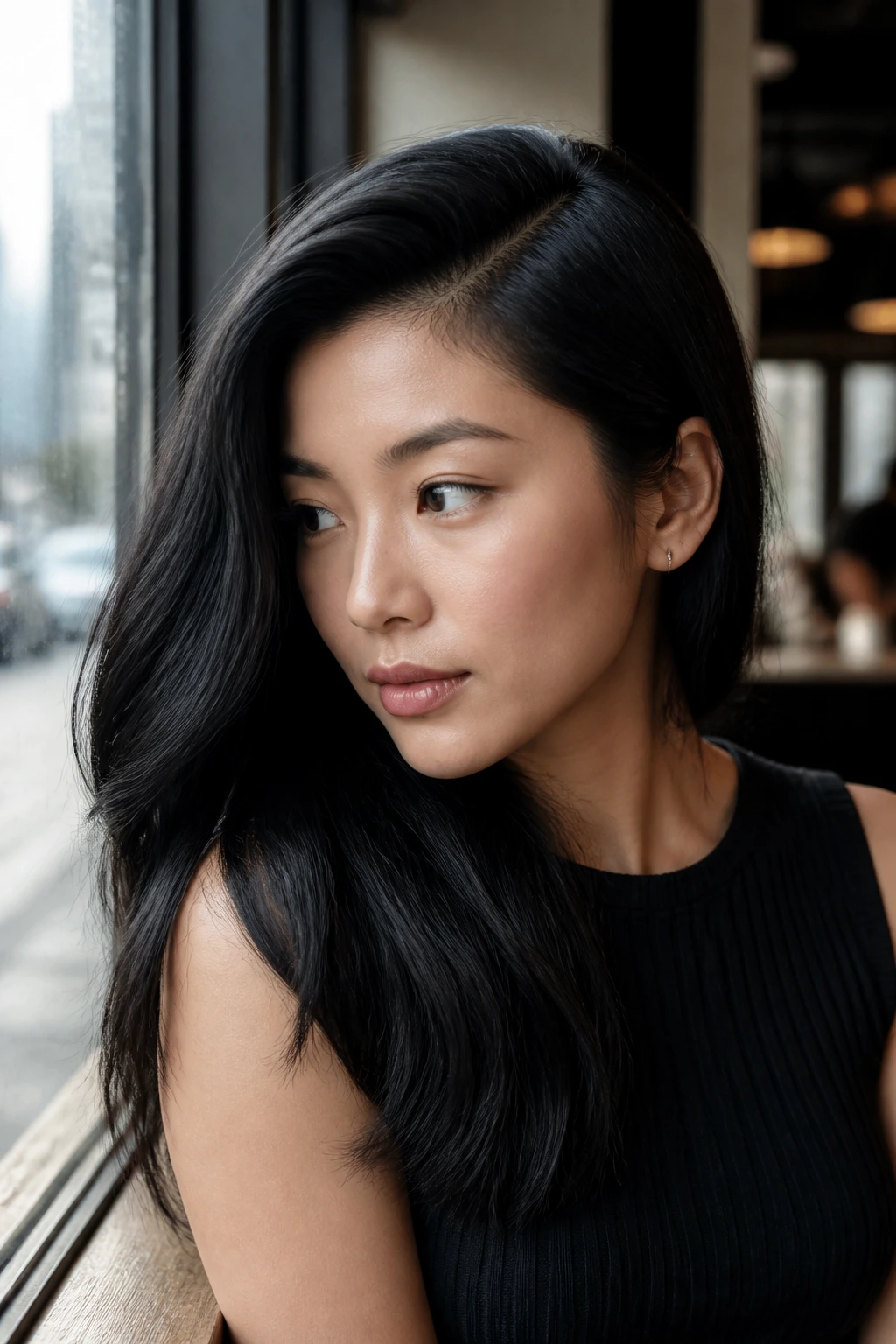 Portrait of a person with a deep side part in jet-black hair